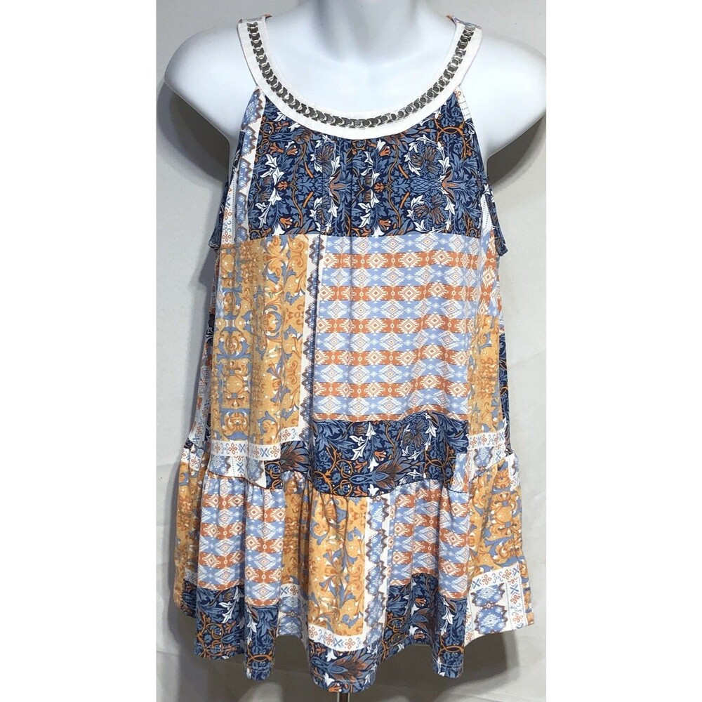 Knapp Babydoll Sleeveless Tank Top M Blue Geo Bead Scoopneck boho Cottage hippie